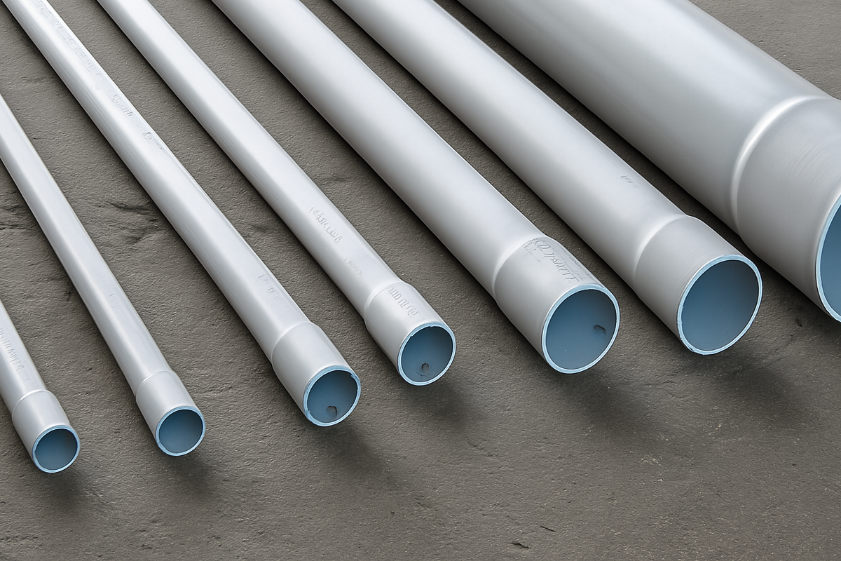 PVC-pipe-is-dangerous white pvc pipe layed out on floor of various sizes from small to large all showing diameter of opening