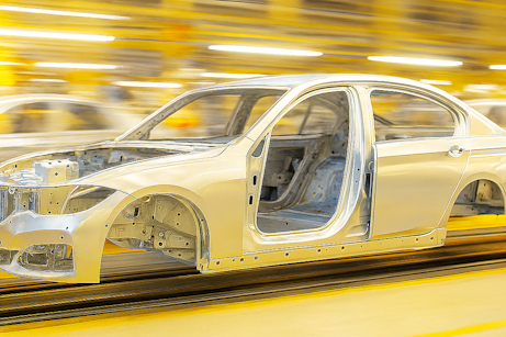 auto-factory-assembly auto factory car frame with blurred background of assembly line